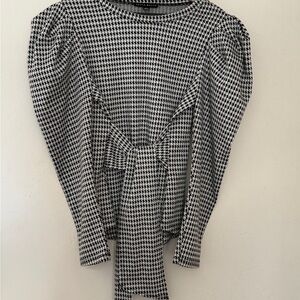 Haute Monde Houndstooth Puff Shoulder Long Sleeve Tie Front Blouse Large
